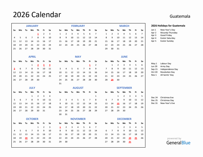 2026 Calendar with Holidays for Guatemala