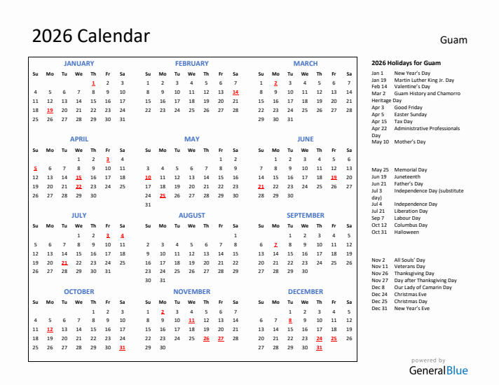 2026 Calendar with Holidays for Guam