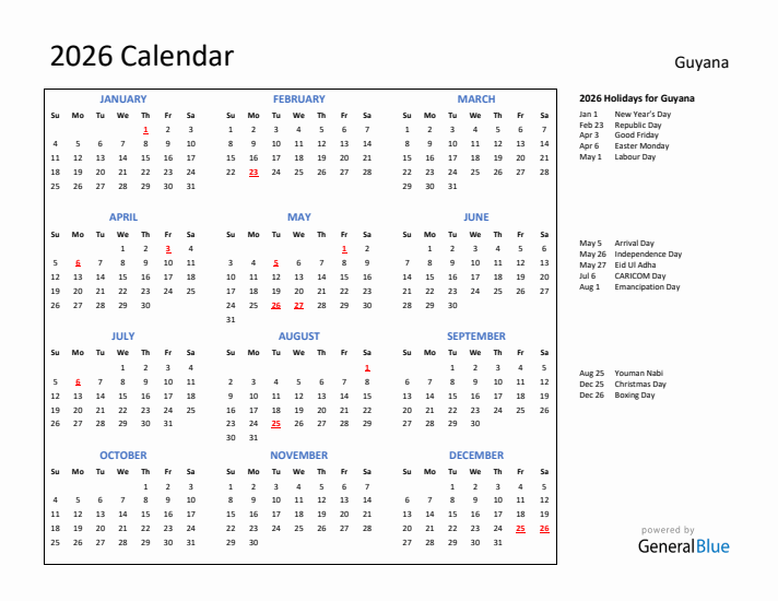2026 Calendar with Holidays for Guyana