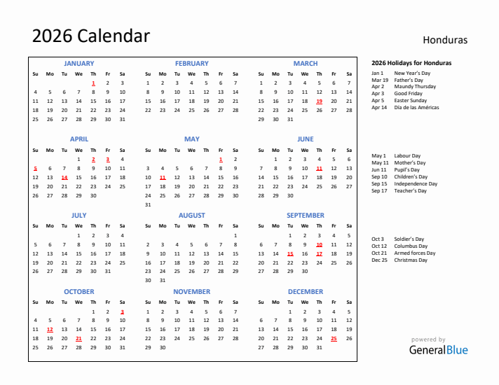 2026 Calendar with Holidays for Honduras