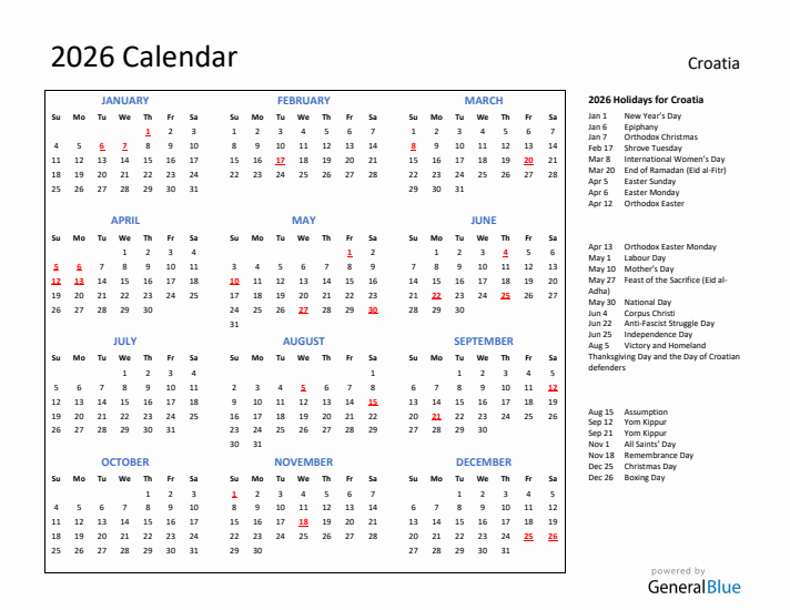 2026 Calendar with Holidays for Croatia