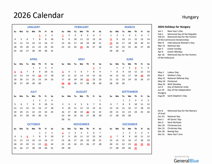 2026 Calendar with Holidays for Hungary