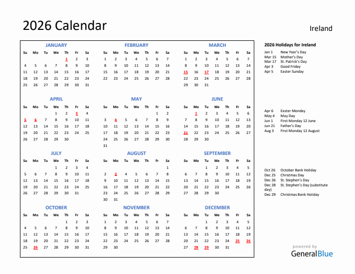 2026 Calendar with Holidays for Ireland