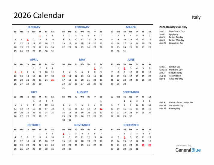 2026 Calendar with Holidays for Italy