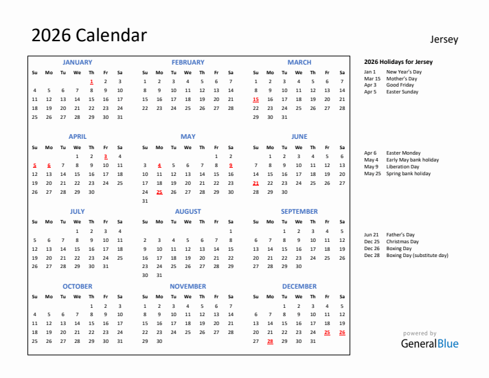 2026 Calendar with Holidays for Jersey