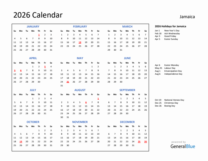 2026 Calendar with Holidays for Jamaica