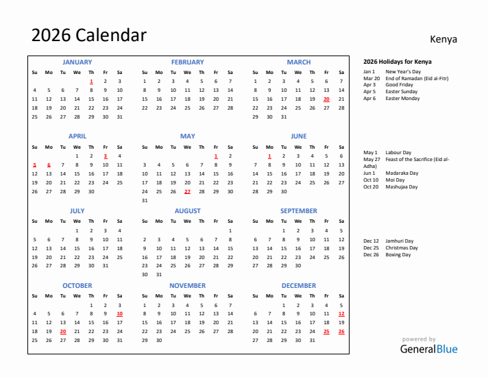 2026 Calendar with Holidays for Kenya