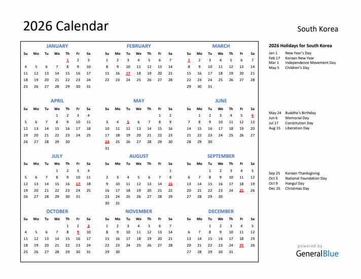 2026 Calendar with Holidays for South Korea