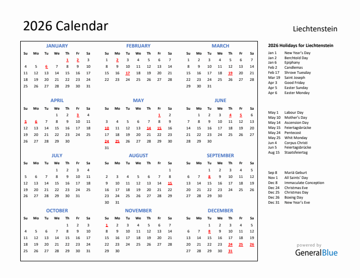 2026 Calendar with Holidays for Liechtenstein