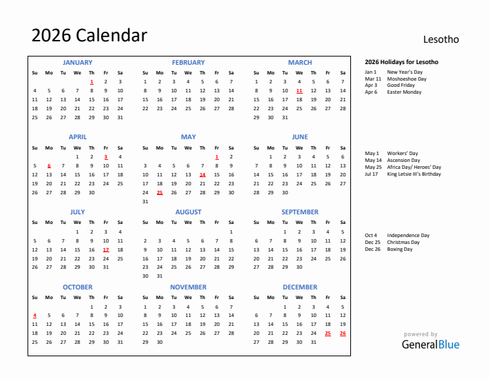 2026 Calendar with Holidays for Lesotho