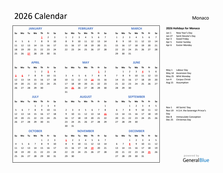 2026 Calendar with Holidays for Monaco