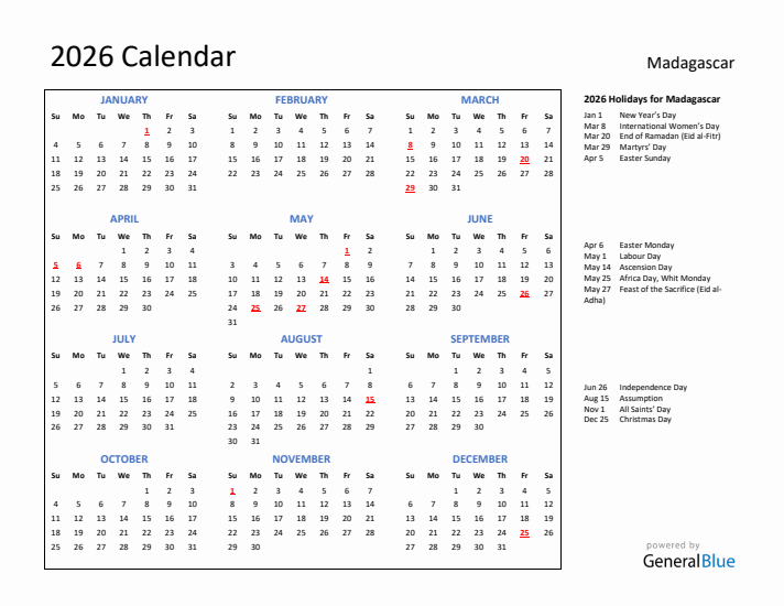 2026 Calendar with Holidays for Madagascar