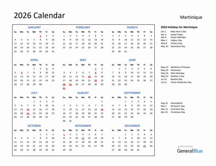 2026 Calendar with Holidays for Martinique