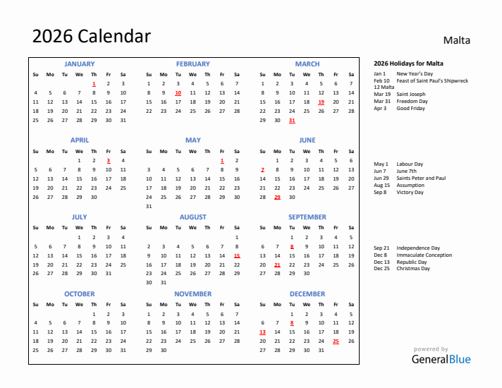2026 Calendar with Holidays for Malta