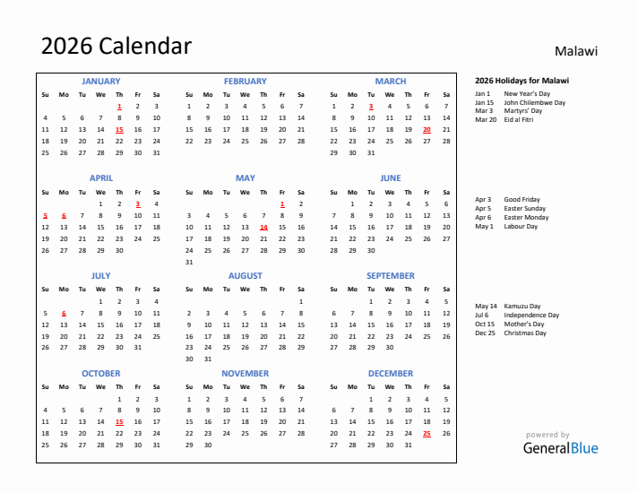 2026 Calendar with Holidays for Malawi