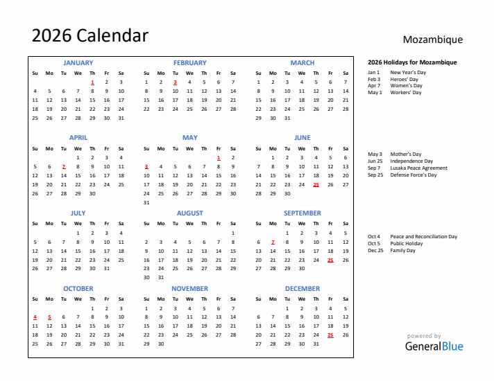 2026 Calendar with Holidays for Mozambique