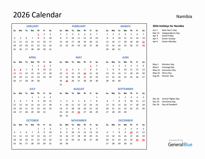 2026 Calendar with Holidays for Namibia