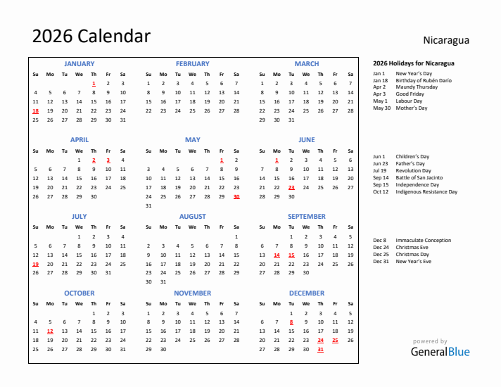 2026 Calendar with Holidays for Nicaragua