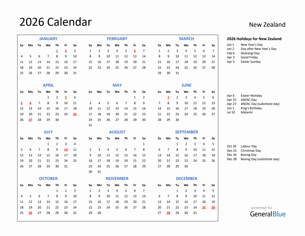 2026 Calendar With Holidays For New Zealand