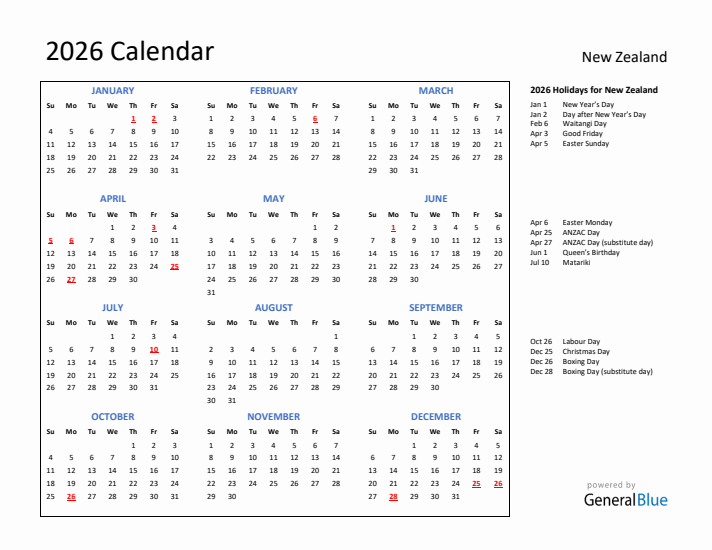 2026 Calendar with Holidays for New Zealand