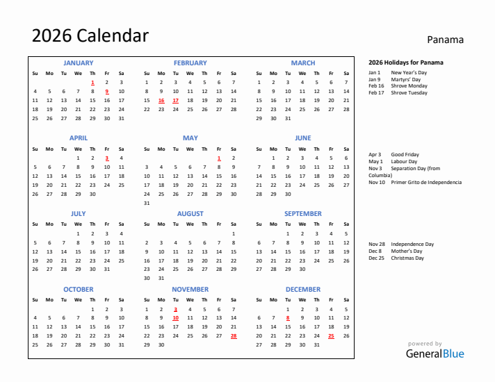 2026 Calendar with Holidays for Panama