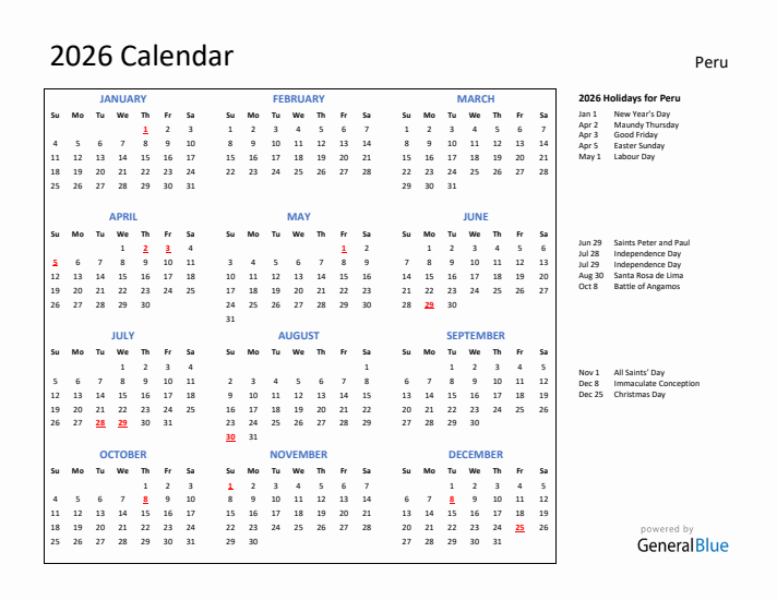 2026 Calendar with Holidays for Peru