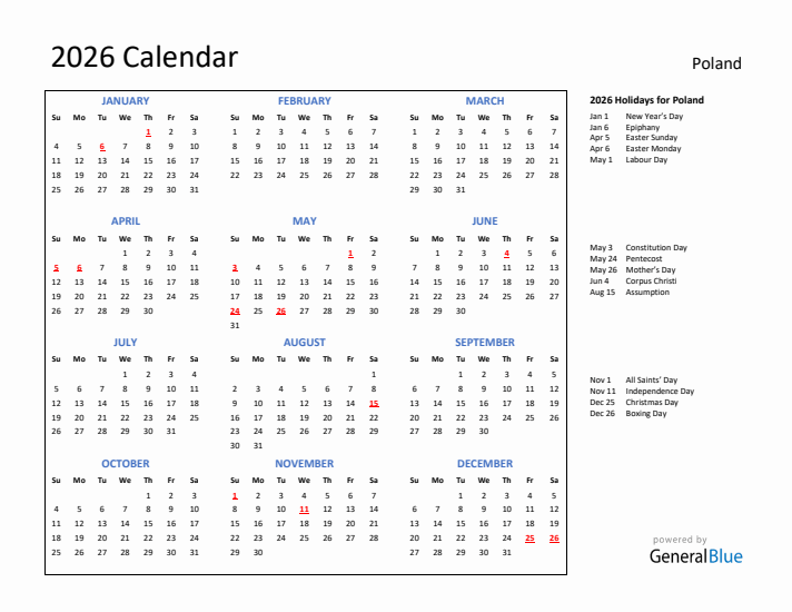 2026 Calendar with Holidays for Poland