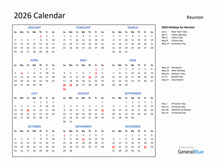 2026 Calendar with Holidays for Reunion