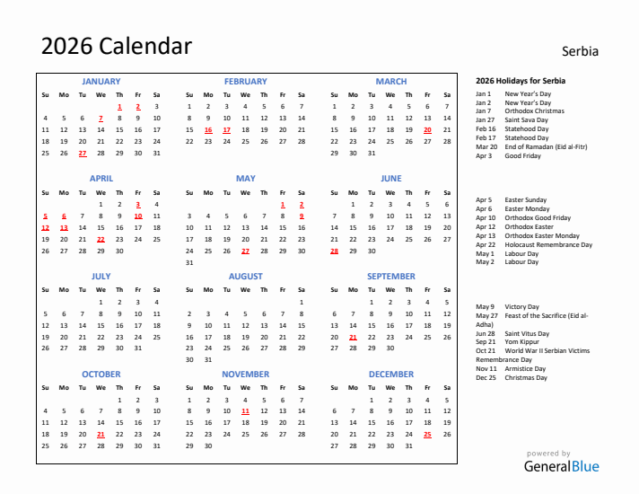 2026 Calendar with Holidays for Serbia