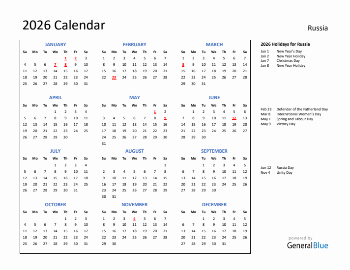 2026 Calendar with Holidays for Russia