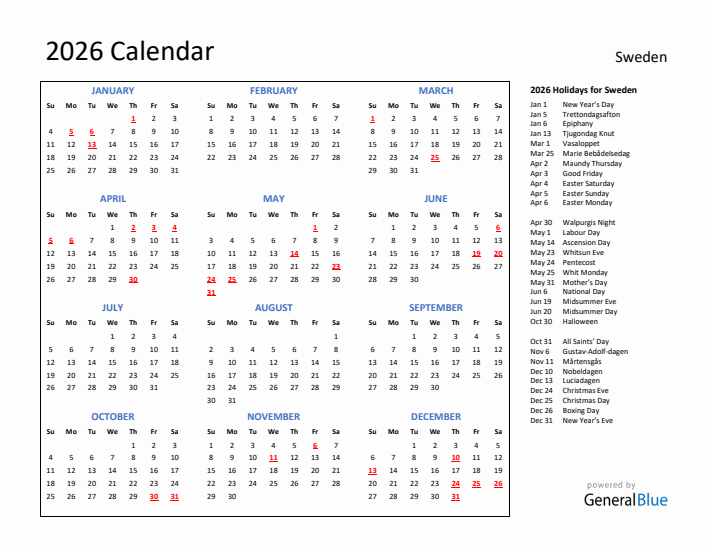 2026 Calendar with Holidays for Sweden