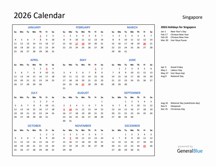 2026 Calendar with Holidays for Singapore