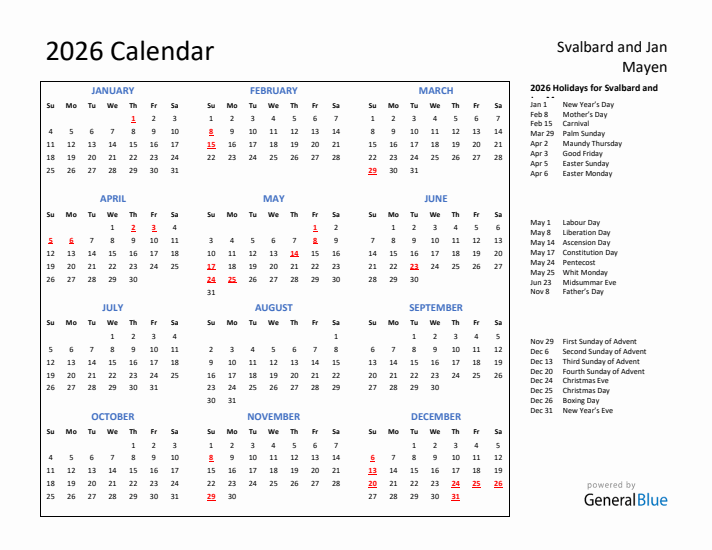 2026 Calendar with Holidays for Svalbard and Jan Mayen