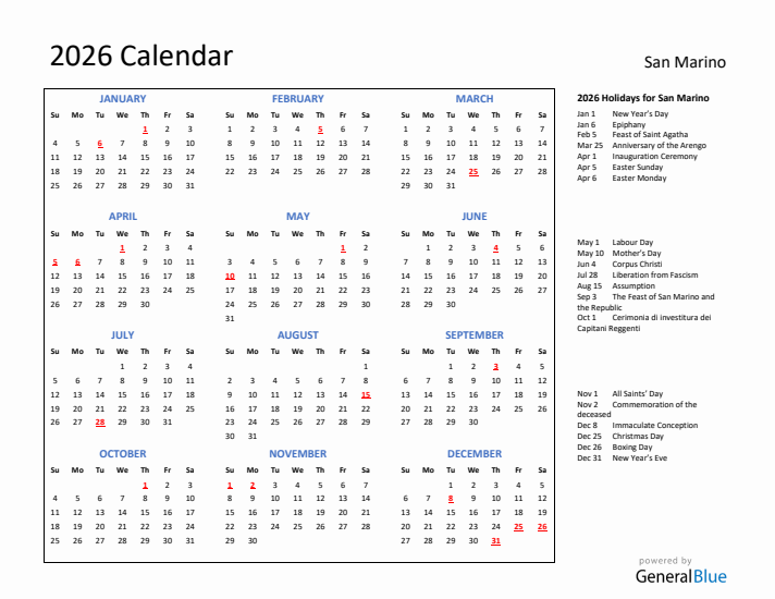 2026 Calendar with Holidays for San Marino