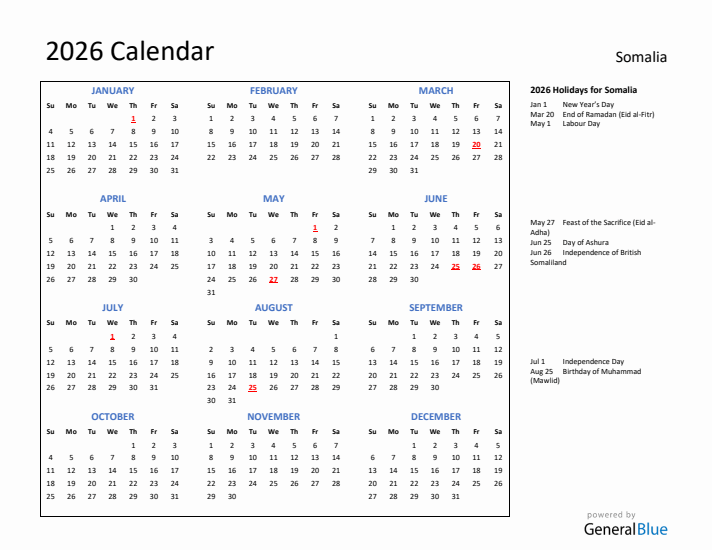 2026 Calendar with Holidays for Somalia