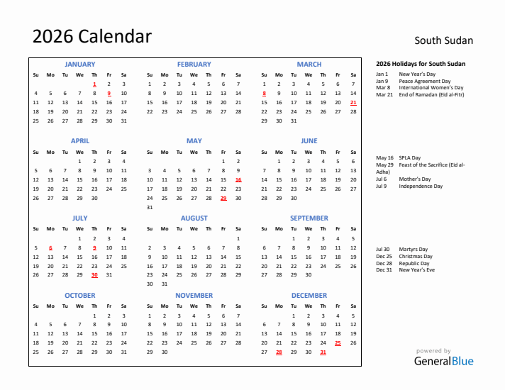 2026 Calendar with Holidays for South Sudan