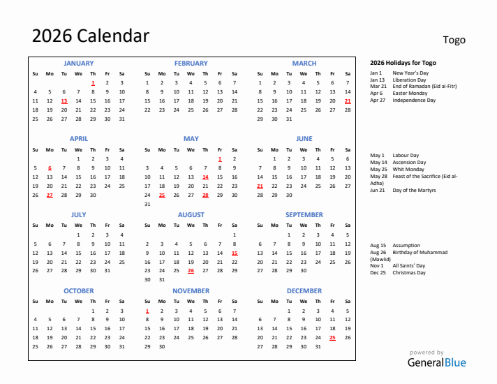 2026 Calendar with Holidays for Togo