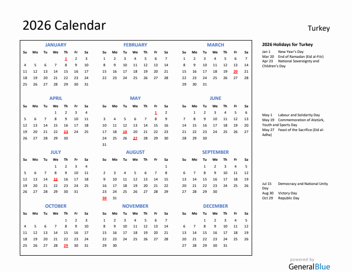 2026 Calendar with Holidays for Turkey