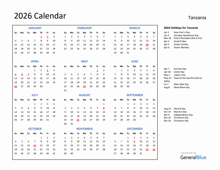 2026 Calendar with Holidays for Tanzania