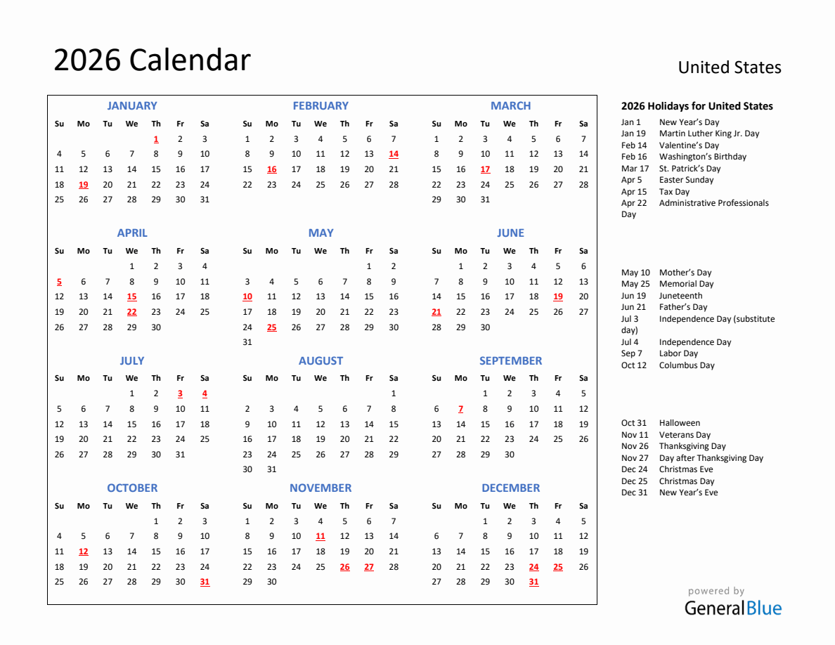 2026 Calendar with Holidays for United States