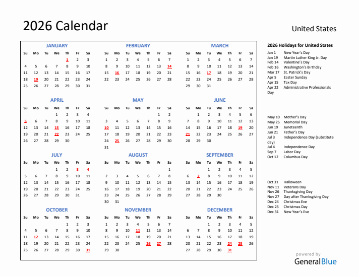 2026 Calendar with Holidays for United States