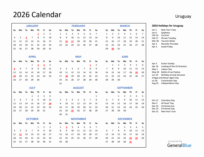 2026 Calendar with Holidays for Uruguay