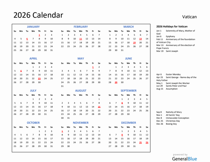 2026 Calendar with Holidays for Vatican