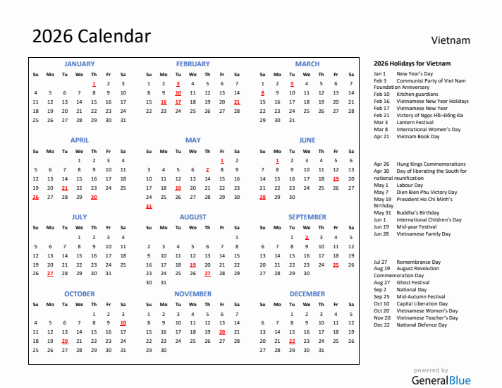 2026 Calendar with Holidays for Vietnam
