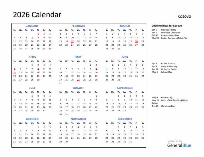 2026 Calendar with Holidays for Kosovo