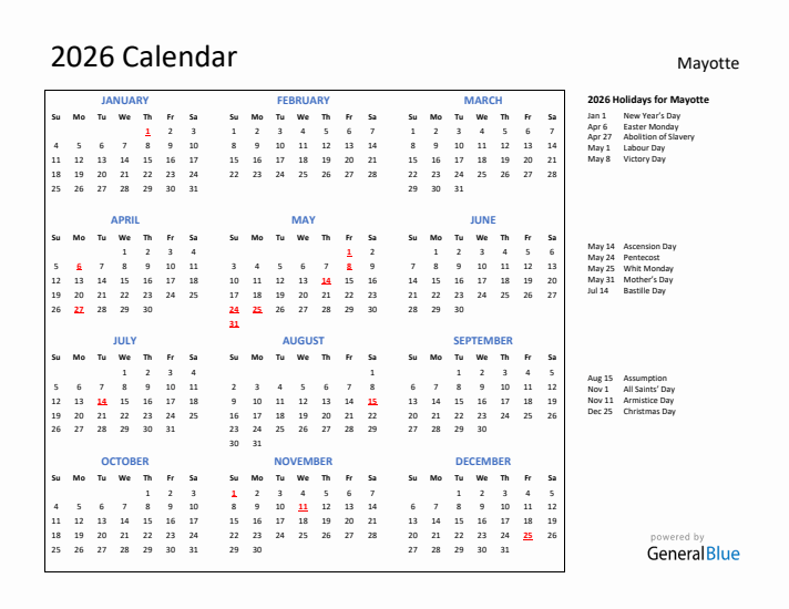 2026 Calendar with Holidays for Mayotte