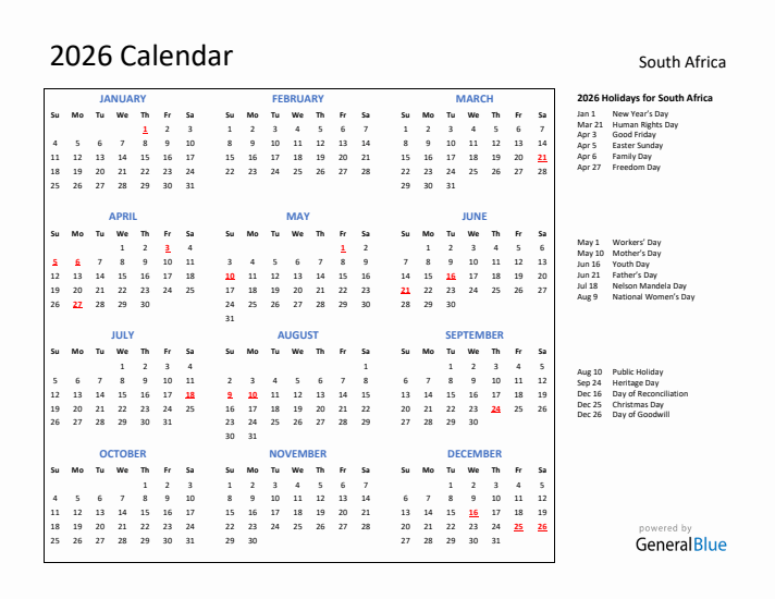 2026 Calendar with Holidays for South Africa