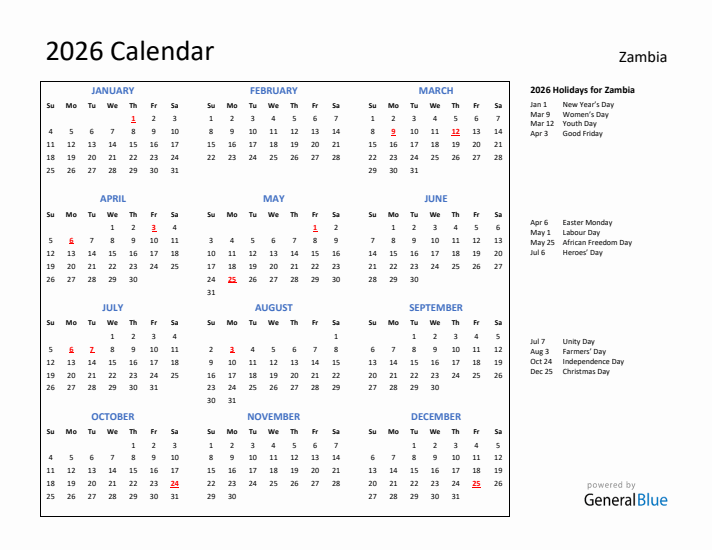 2026 Calendar with Holidays for Zambia