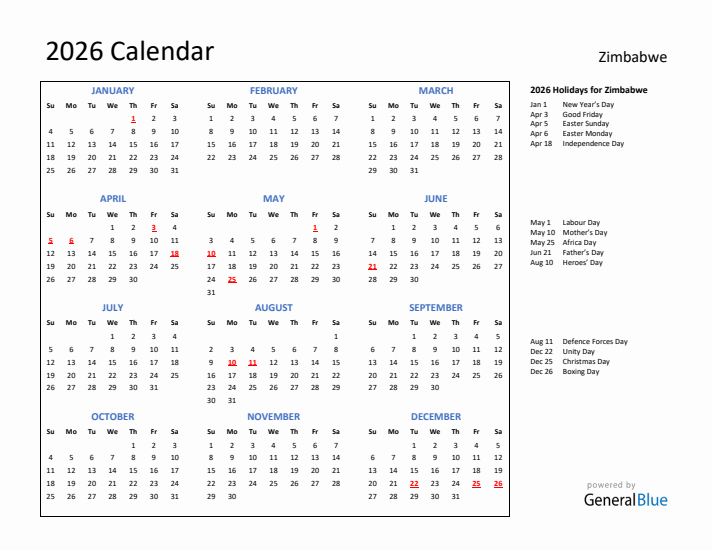 2026 Calendar with Holidays for Zimbabwe