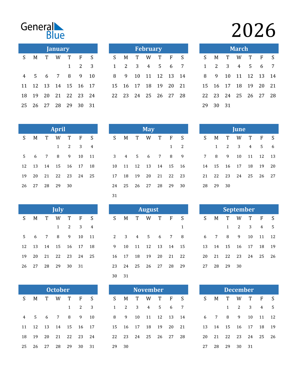 2026 Calendar PDF Word Excel 